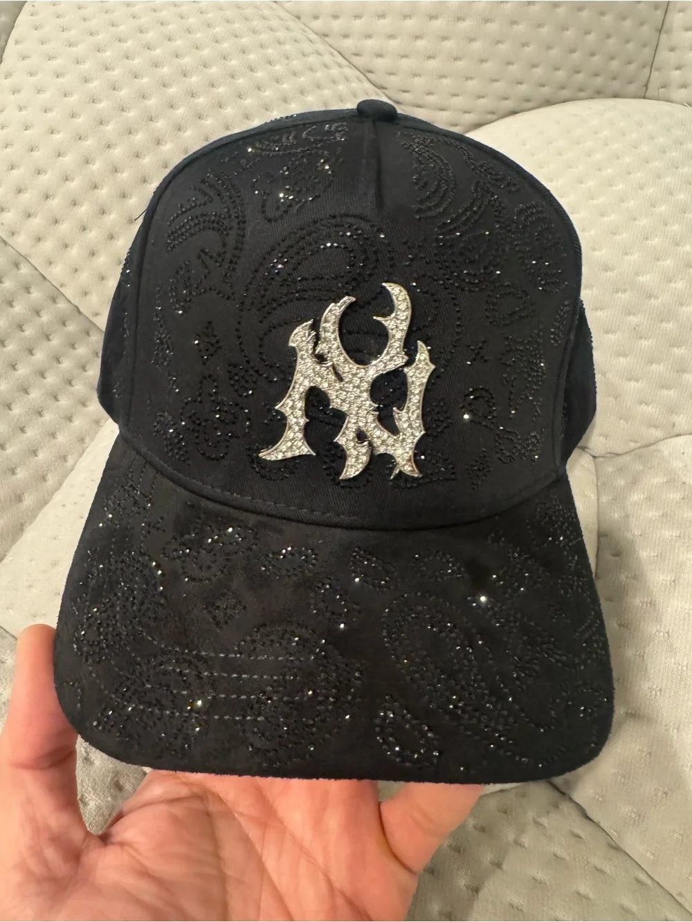Black Rhinestones Embellished Baseball Cap with Crystal Monogram Accent